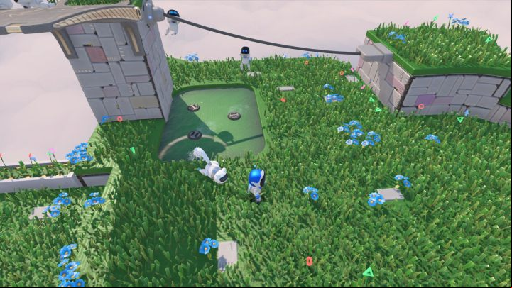 A squirrel-like bot runs on the grass - Astros Playroom: Gusty Gateway - walkthrough - Memory Meadow - Astros Playroom Guide