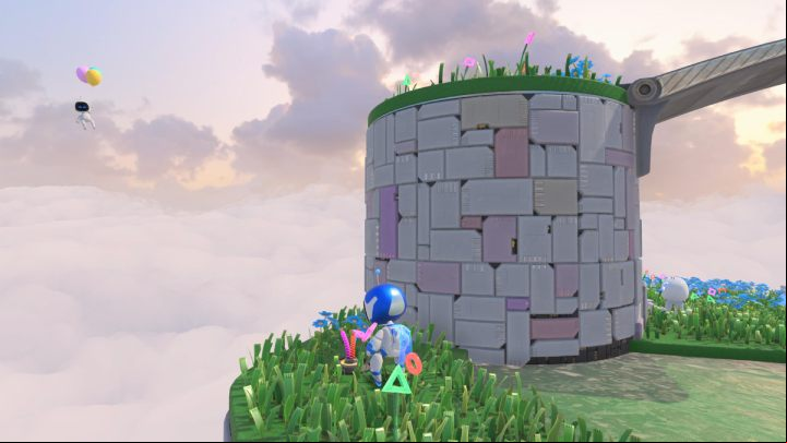 Jump down and start pulling on the cables sticking out of the grass - Astros Playroom: Gusty Gateway - walkthrough - Memory Meadow - Astros Playroom Guide