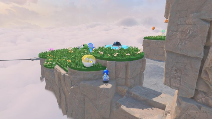 Go up the stairs and collect the coins from the yellow container - Astros Playroom: Gusty Gateway - walkthrough - Memory Meadow - Astros Playroom Guide