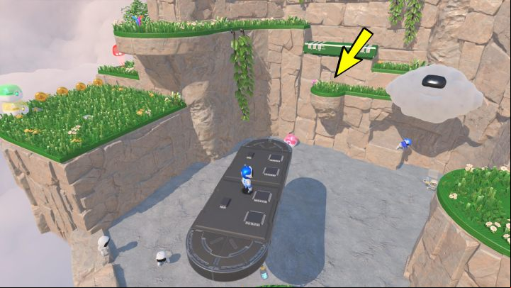 Jump on the platform and wait until it turns towards the cloud, then quickly fly to the stairs - Astros Playroom: Gusty Gateway - walkthrough - Memory Meadow - Astros Playroom Guide