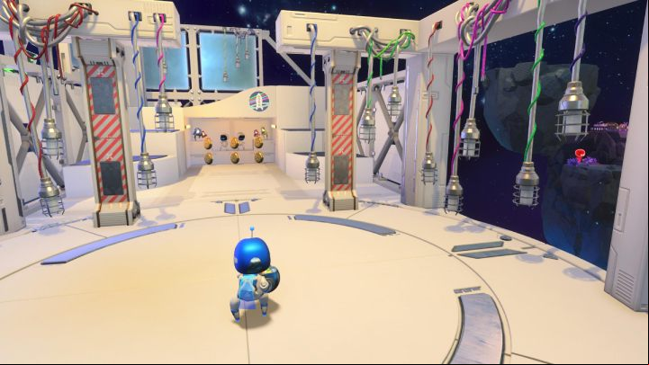 Deal with the next wave of enemies and smash the glass between the stairs to collect the coins - Astros Playroom: Deep Dataspace - walkthrough - SSD Speedway - Astros Playroom Guide
