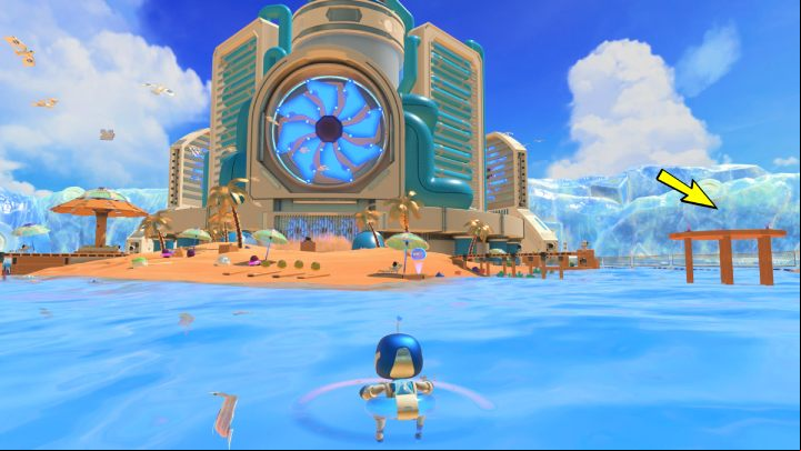 Slide down into the water and swim to shore - Astros Playroom: Bot Beach - walkthrough - Cooling Springs - Astros Playroom Guide