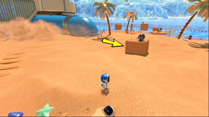 Look around and locate the chest on top of which there's an enemy with wires sticking out of his head - Astros Playroom: Bot Beach - walkthrough - Cooling Springs - Astros Playroom Guide