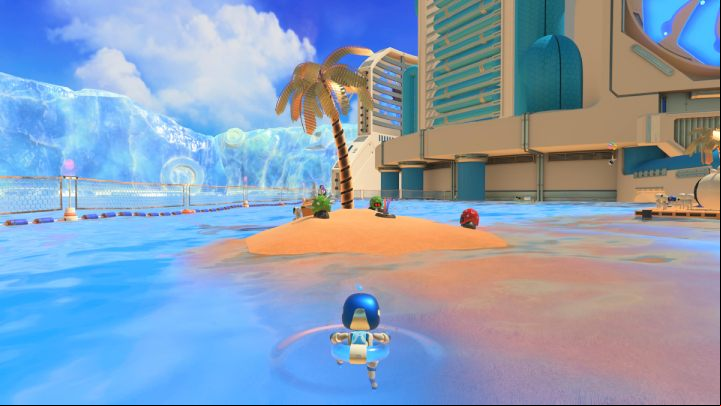 Swim to the island with a palm tree on it and defeat all enemies - Astros Playroom: Bot Beach - walkthrough - Cooling Springs - Astros Playroom Guide