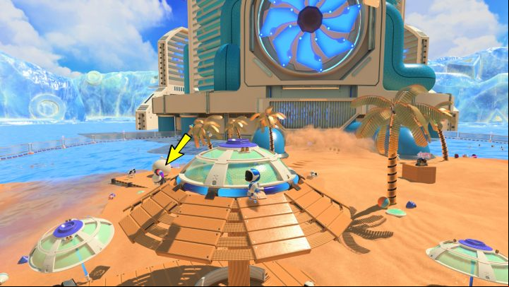 The scared bird will fly away onto a large umbrella - Astros Playroom: Bot Beach - walkthrough - Cooling Springs - Astros Playroom Guide