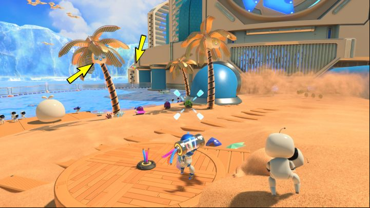 Near the umbrellas you will find some protruding wires stuck in wooden planks - Astros Playroom: Bot Beach - walkthrough - Cooling Springs - Astros Playroom Guide