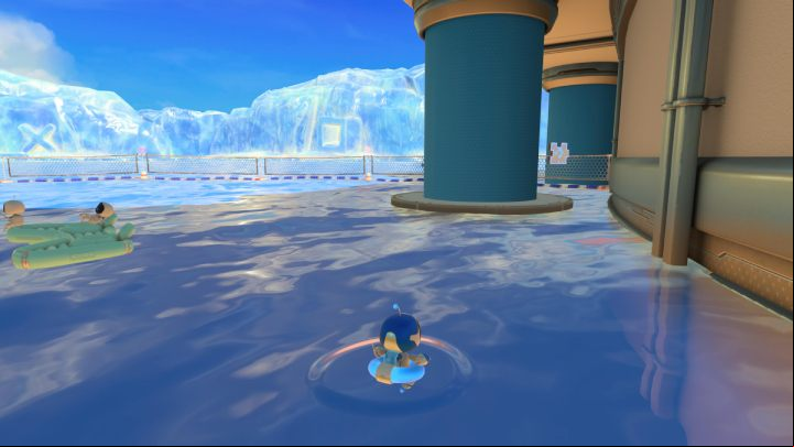 Go into the water between the palms and swim to the canister located on the raft - Astros Playroom: Bot Beach - walkthrough - Cooling Springs - Astros Playroom Guide