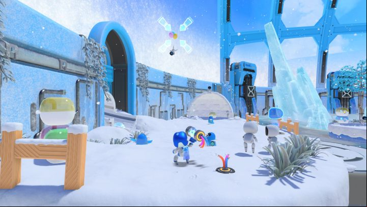 There are penguin-looking bots walking around the island - Astros Playroom: Frigid Floes - walkthrough - Cooling Springs - Astros Playroom Guide