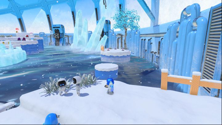 Pull the wires in the snow again and throw the element at the blue object suspended above water - Astros Playroom: Frigid Floes - walkthrough - Cooling Springs - Astros Playroom Guide