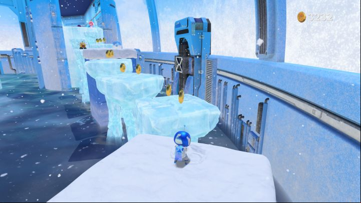 As you jump from one ice platform to the next, that they will start falling apart as soon as you land on them - Astros Playroom: Frigid Floes - walkthrough - Cooling Springs - Astros Playroom Guide