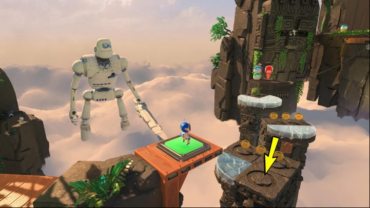 Take the coins from the container, and then go onto the red button - Astros Playroom: Raytrace Ruins - walkthrough - GPU Jungle - Astros Playroom Guide