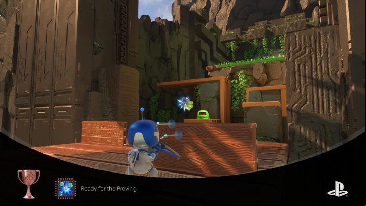 Climb the bridge and shoot down all the enemies while hiding behind a wooden cover - Astros Playroom: Raytrace Ruins - walkthrough - GPU Jungle - Astros Playroom Guide