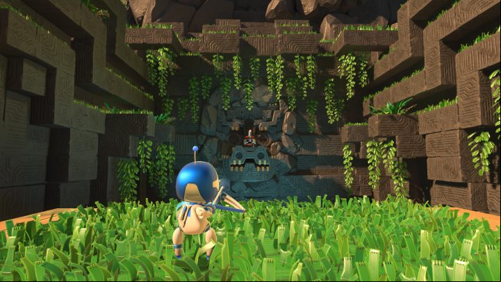 Shoot down the enemy standing on the snout of the rock dragon to start the fight - Astros Playroom: Raytrace Ruins - walkthrough - GPU Jungle - Astros Playroom Guide