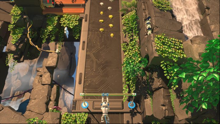 Go to the left edge of the stick, rock until you charge a high jump and then release L2 and R2 - Astros Playroom: Mt. Motherboard - walkthrough - GPU Jungle - Astros Playroom Guide