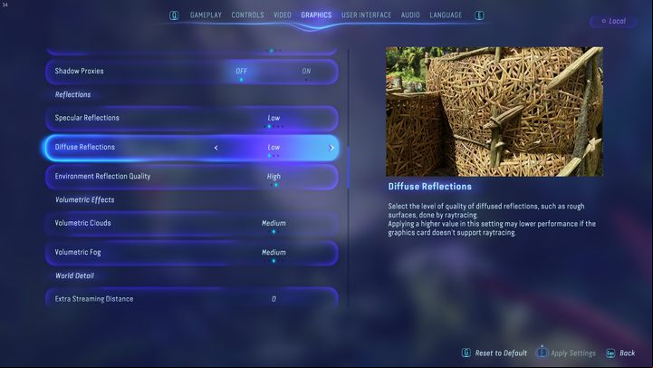 Diffuse Reflections - determines the quality of subtle reflections generated on the surfaces of rough structures - Avatar Frontiers of Pandora: Is there Ray tracing? - FAQ - Avatar Frontiers of Pandora Guide