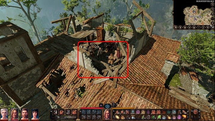 Once you're at the top, place your party on the exposed beam - Baldurs Gate 3: Lump The Enlightened - how to beat? - Bosses and difficult fights - Baldurs Gate 3 Guide, Walkthrough