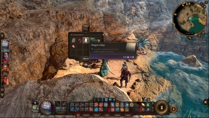 Under the boulder is a small chest, hiding some useful treasure and the Harper's Map with clues on how to reach the cache - Baldurs Gate 3: The Hidden Harpers Chest puzzle - Puzzles - Baldurs Gate 3 Guide, Walkthrough