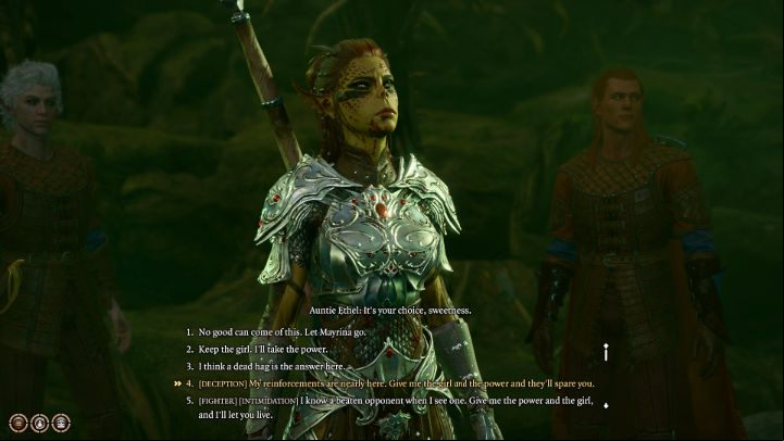 When Ethel loses enough health points, she'll start begging for her life and offer up a great power if you let her leave Mayrina - Baldurs Gate 3: How to beat Auntie Ethel (Green Witch)? - Bosses and difficult fights - Baldurs Gate 3 Guide, Walkthrough