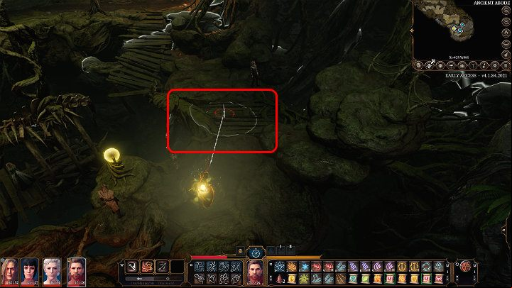 If the above methods have not worked and you have failed to summon Aunt Ethel, choose a character with area spells and then point to the place marked in the image above (a wooden bridge connecting two rock slabs) - Baldurs Gate 3: How to beat Auntie Ethel (Green Witch)? - Bosses and difficult fights - Baldurs Gate 3 Guide, Walkthrough