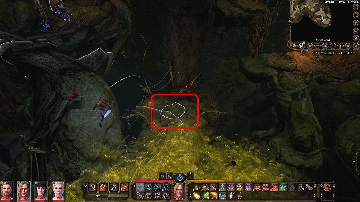After landing, descend slightly lower and jump again so that the character lands on the left side of the poisonous cloud, around the spot shown in the image above - Baldurs Gate 3: How to beat Auntie Ethel (Green Witch)? - Bosses and difficult fights - Baldurs Gate 3 Guide, Walkthrough