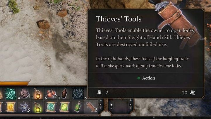 To prepare the Thieves' Tools for use, it is best to find them in the inventory and use the Add to Hotbar option - Baldurs Gate 3: Lockpicking - Basics - Baldurs Gate 3 Guide, Walkthrough
