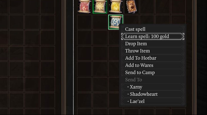 Start by transferring the scroll of interest to your Wizard's inventory - Baldurs Gate 3: How to learn spells? - Character & party development - Baldurs Gate 3 Guide, Walkthrough