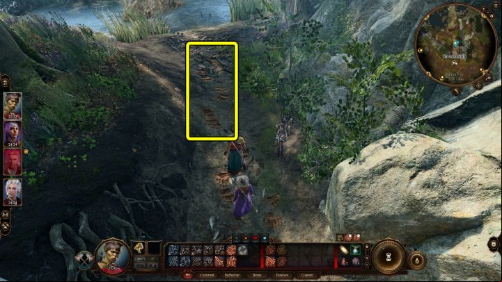 To get to the Owlbear Nest, you will have to cross the stream, and then follow the path down to the cave - Baldurs Gate 3: Owlbear - how to beat? - Bosses and difficult fights - Baldurs Gate 3 Guide, Walkthrough