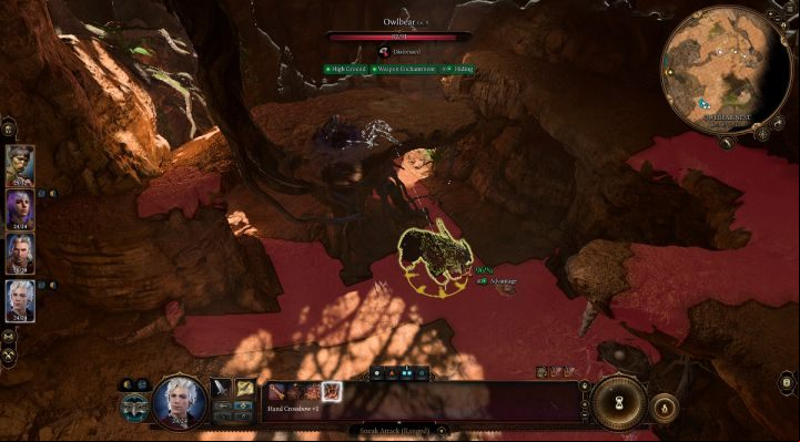 It is best to start the fight with a surprise shot when the enemy turns around and starts patrolling the rest of the cave - this will surprise it and skip its turn, letting you attack again - Baldurs Gate 3: Owlbear - how to beat? - Bosses and difficult fights - Baldurs Gate 3 Guide, Walkthrough