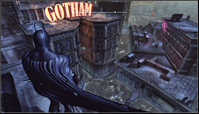 In order to solve this puzzle, get onto the roof of the GD building, located south-east from here (screen above) - Batman trophies (29-37) | Amusement Mile - Amusement Mile - Batman: Arkham City Game Guide