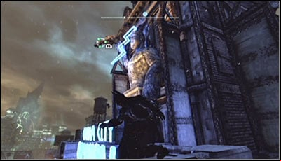 Centre the camera on the Zeus statue above the Gotham City Olympus neon sign (screen above) and scan it - Riddles | Amusement Mile - Amusement Mile - Batman: Arkham City Game Guide
