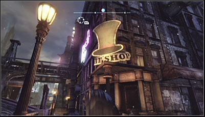 Find the hats shop (screen above) and scan the entrance - Riddles | Bowery - Bowery - Batman: Arkham City Game Guide