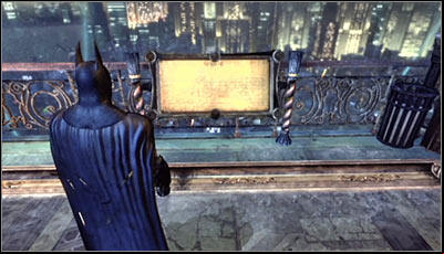 Get onto the big terrace after riding the elevator to the upper level of the Tower and scan the Gotham City painting (screen above) - Riddles | Wonder City - Wonder City - Batman: Arkham City Game Guide