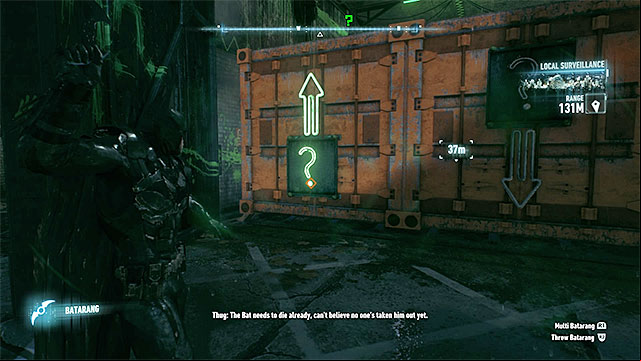 Use the batarang to raise up the containers - Riddler trophies on Bleake Island (1-18) | Collectibles - Bleake Island - Collectibles - Bleake Island - Batman: Arkham Knight Game Guide & Walkthrough