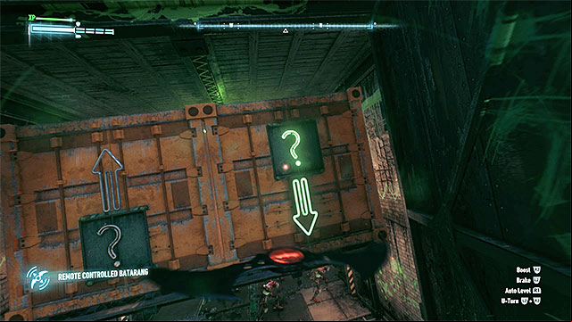 Use the remote controlled batarang to hit the new button and crush the robots - Riddler trophies on Bleake Island (1-18) | Collectibles - Bleake Island - Collectibles - Bleake Island - Batman: Arkham Knight Game Guide & Walkthrough