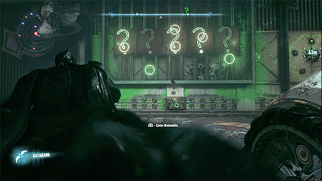 Throw the batarangs at the question marks when the dots are inside the highlighted green circles - Riddler trophies on Bleake Island (19-36) | Collectibles - Bleake Island - Collectibles - Bleake Island - Batman: Arkham Knight Game Guide & Walkthrough