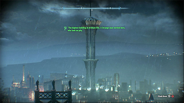 Climb on the roof and zoom the screen so that the Wonder Tower from Arkham City will fit the frame - Riddles on Miagani Island | Collectibles - Miagani Island | Batman Arkham Knight - Collectibles - Miagani Island - Batman: Arkham Knight Game Guide & Walkthrough