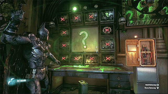 wait for the right moment to throw the batarang - Riddler trophies in the Arkham Knight HQ (11-21) | Collectibles - Arkham Knight HQ - Collectibles - Arkham Knight HQ - Batman: Arkham Knight Game Guide & Walkthrough