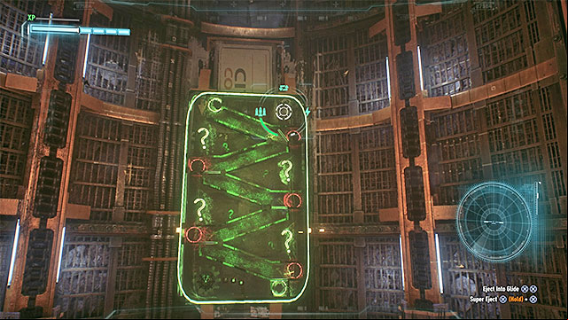 Use the batmobiles board cannons to hit the green question marks that raise the blockades - Riddler trophies in the Arkham Knight HQ (11-21) | Collectibles - Arkham Knight HQ - Collectibles - Arkham Knight HQ - Batman: Arkham Knight Game Guide & Walkthrough