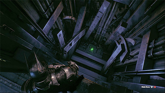 The trophy is at the bottom of the elevator shaft - Riddler trophies in the Arkham Knight HQ (11-21) | Collectibles - Arkham Knight HQ - Collectibles - Arkham Knight HQ - Batman: Arkham Knight Game Guide & Walkthrough