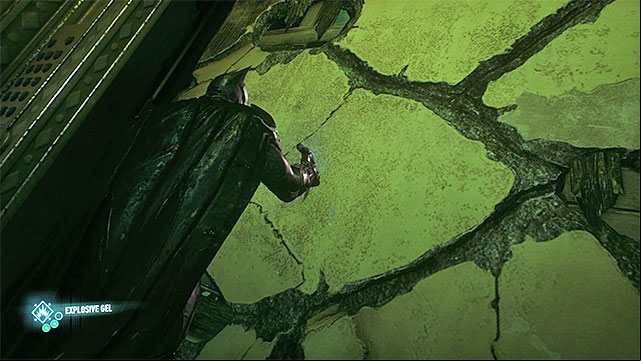 Spray the explosive gel over the weakened wall, after the elevator ride - Riddler trophies in the Arkham Knight HQ (11-21) | Collectibles - Arkham Knight HQ - Collectibles - Arkham Knight HQ - Batman: Arkham Knight Game Guide & Walkthrough