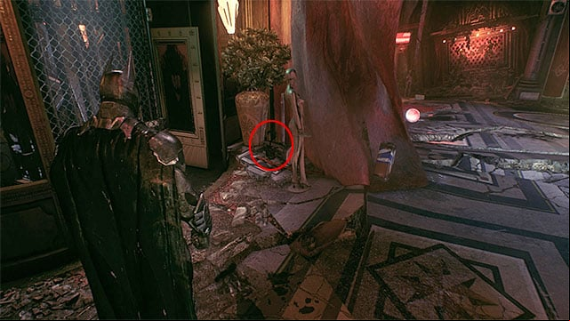 After you exit the elevator, check out the area on the left - Riddler trophies in the Arkham Knight HQ (11-21) | Collectibles - Arkham Knight HQ - Collectibles - Arkham Knight HQ - Batman: Arkham Knight Game Guide & Walkthrough