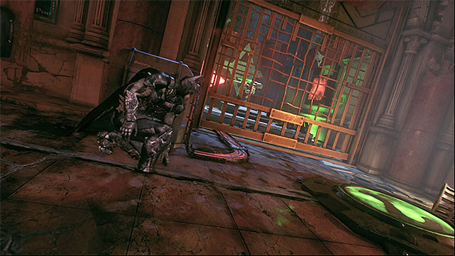 Hack the turret before you walk onto the plate - Riddler trophies in the Arkham Knight HQ (11-21) | Collectibles - Arkham Knight HQ - Collectibles - Arkham Knight HQ - Batman: Arkham Knight Game Guide & Walkthrough