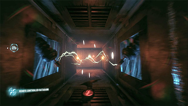 After you throw the batarang for the second time, you need to fly it into the electrical discharges in the shaft - Riddler trophies in the Arkham Knight HQ (11-21) | Collectibles - Arkham Knight HQ - Collectibles - Arkham Knight HQ - Batman: Arkham Knight Game Guide & Walkthrough
