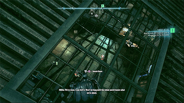 The mechanism that controls the gate is located close to it, in a room with several enemies inside. - Open the main ACE Chemicals gate | Main story | Batman Arkham Knight - Main story - Batman: Arkham Knight Game Guide & Walkthrough