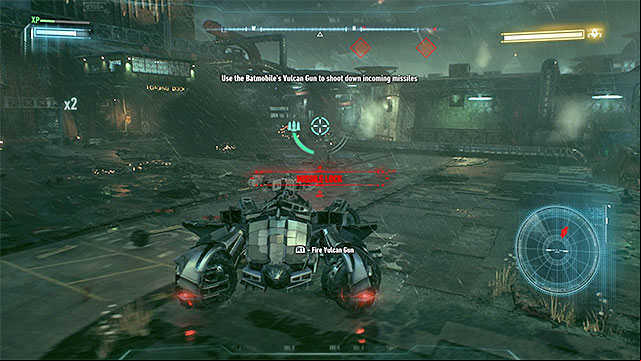 Use Vulcan Gun to destroy enemy missiles approaching you. - Destroy Arkham Knights flying machine | Main story | Batman Arkham Knight - Main story - Batman: Arkham Knight Game Guide & Walkthrough