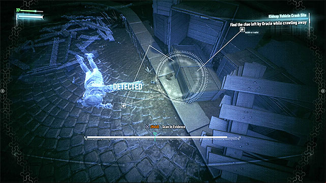 At the end, you need to find the trail that Oracle left behind her, after getting out of the car and being caught by Arkham Knight again - Investigate the crash site | Main story | Batman Arkham Knight - Main story - Batman: Arkham Knight Game Guide & Walkthrough