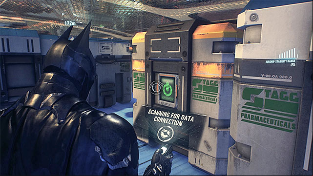 After listening to a conversation with Alfred, use the Remote Hacking Device to hack the terminal that controls the stabilizers once again - Destroy the weapon turrets on the second airship | Main story - Main story - Batman: Arkham Knight Game Guide & Walkthrough