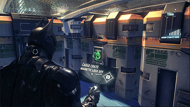 To the left of the wall that youve just blown, locate a the crate that you can see in the picture above and block its position - Destroy the weapon turrets on the second airship | Main story - Main story - Batman: Arkham Knight Game Guide & Walkthrough