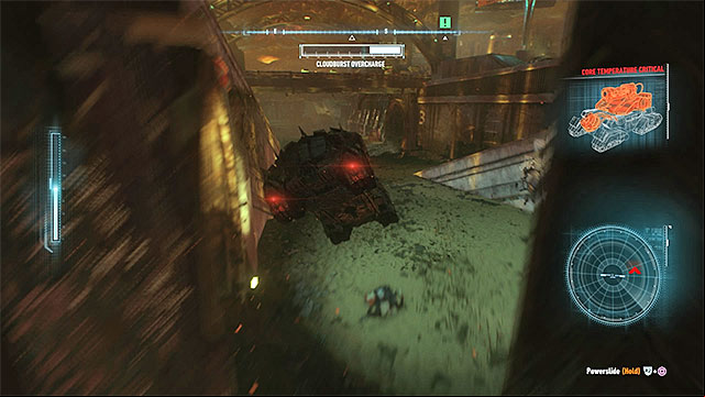 During the escape, dont stop and avoid the fire from the overloaded tank - Arkham Knight - second encounter (Cloudburst tank battle) | Boss fights - Boss fights - Batman: Arkham Knight Game Guide & Walkthrough