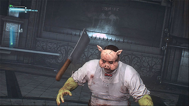 Throw back the cleavers thrown at you by Pyg - Professor Pyg | Boss fights | Batman Arkham Knight - Boss fights - Batman: Arkham Knight Game Guide & Walkthrough
